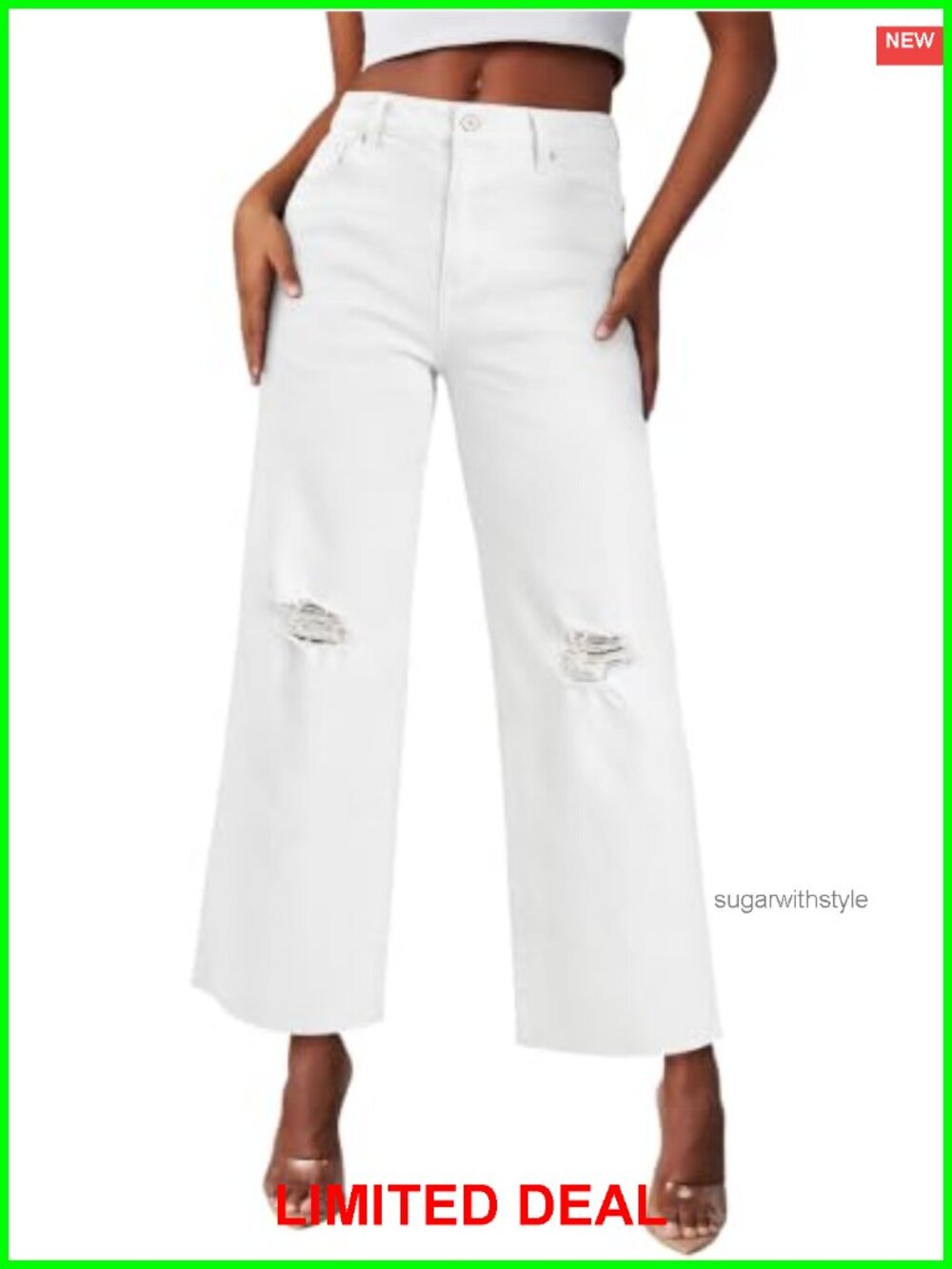 High Waisted Wide Leg Cropped Ripped Stretchy Jeans with Pockets
